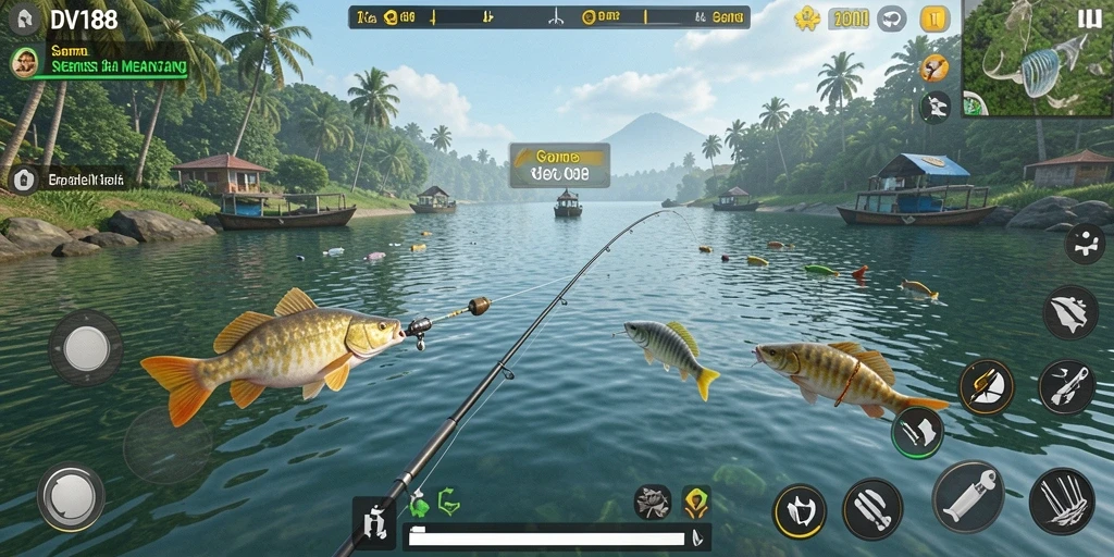 Screenshot gameplay menampilkan aksi memancing yang mendebarkan.