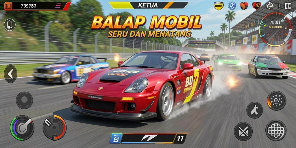 Screenshot menampilkan gameplay balapan mobil yang seru dan menegangkan.