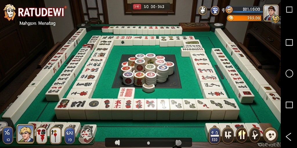Tampilan gameplay menegangkan di RATUDEWI dengan ubin Mahjong yang berwarna-warni.